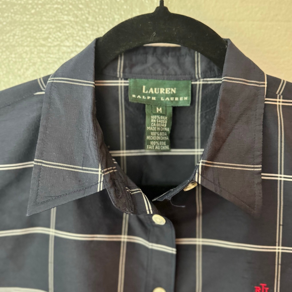 Lauren Ralph Lauren Navy White Plaid Silk Button Down Shirt size Medium - Picture 3 of 6